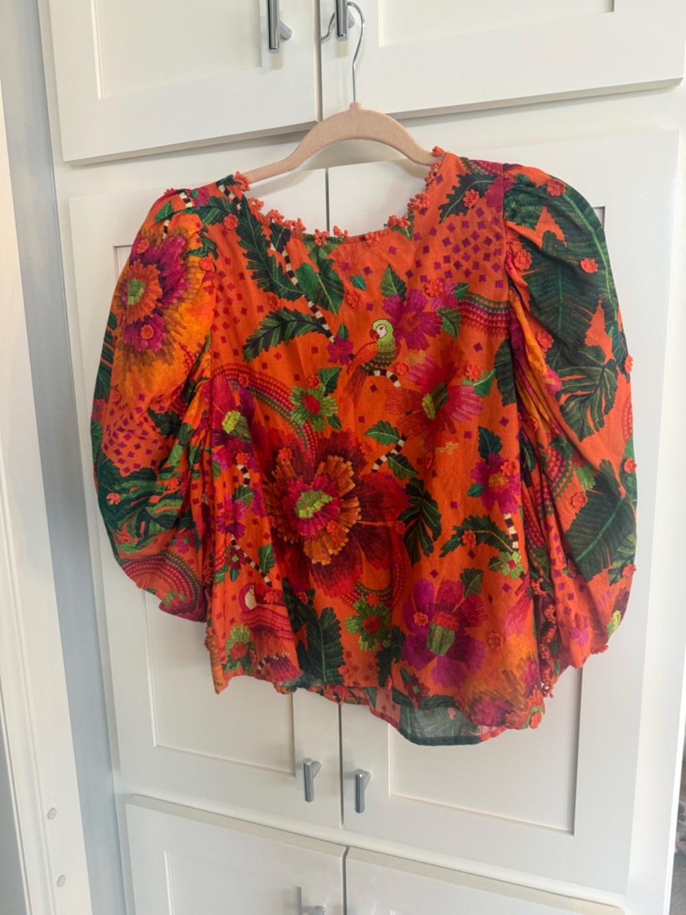 FARM Rio Orange Floral Puff-Sleeve Blouse with Green Accents